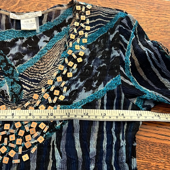 Alberto Makali SZ S Long Sleeve Crepe Semi Sheer Animal Print Blue Blouse Sequin - Picture 10 of 15